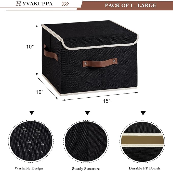 Collapsible Storage Boxes Baskets with Lid Cotton Linen Fabric Storage Bins with Faux Leather Handles Decorative Washable Cube Organizer Container for Home Closet Bedroom (Black, Large Size)