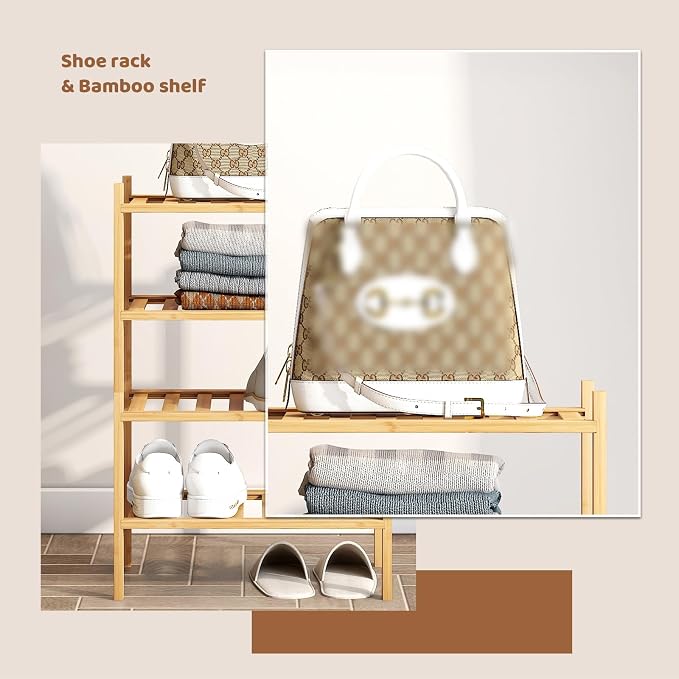 Bamboo Shoe Rack Stackable Shoe Shelf Storage Organizer for Unit Entryway Hallway and Closet Sturdy Freestanding Small Shoe Shelf(4S Tier Natural)