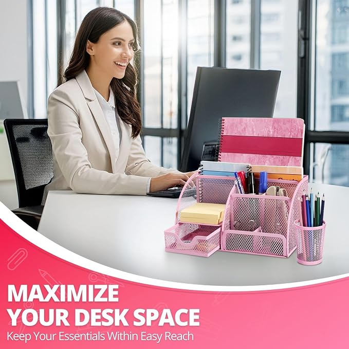 Flexzion Desk Top Caddy Organizer - Pink Office Desk Accessories Organizer and Storage - Metal Mesh Desk with 6 Compartments, Drawer and Pen Holder | Compact desktop caddy with separate pen holder; 8.7 x 5.5 x 5 in for office supplies, home study, or d...