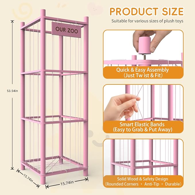Stuffed Animal Storage Organizer, 53.5" Solid Wood Zoo Toy Holder for Kids Bedroom, Nursery & Playroom, Large Plush Toy Storage Holder, Holds 40 Plush Stuffed Animals, No-Tool Easy Assembly