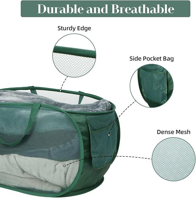 Sturdy Mesh Pop Up Laundry Hamper, Collapsible Laundry Baskets with Side Pocket, Foldable Clothes Hamper with Reinforced Carry Handles for Laundry, Bathroom, Kids Room, Dorm or Travel 2 Pack Emerald
