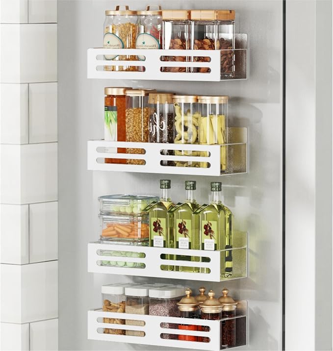 Magnetic Spice Rack for Refrigerator, Metal Spice Rack Organizer, Magnetic Shelf for Fridge 4Pack White