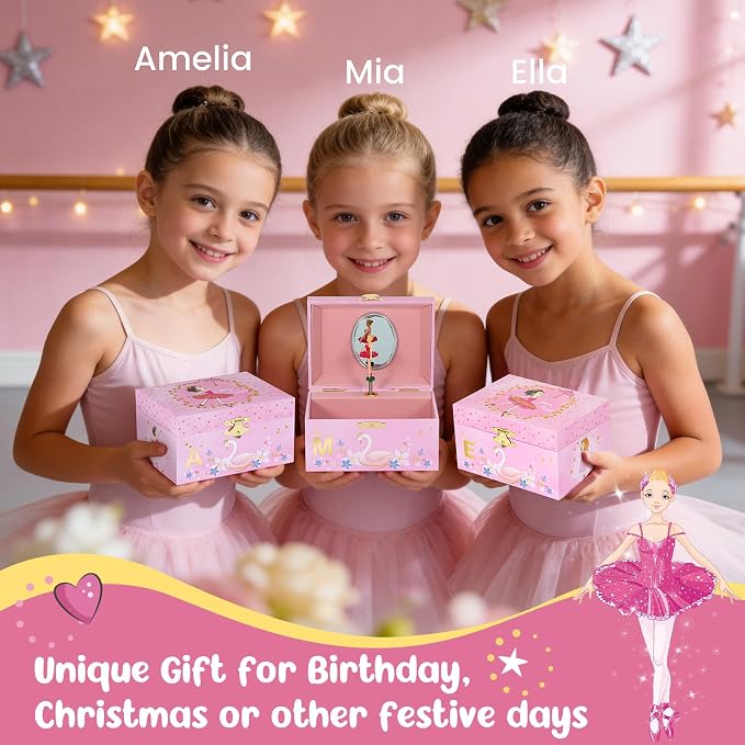 Magical M Initial Pink Ballerina & Swan Music Box - Custom Girl's Jewelry Box with Mirror & Music, Set Includes Matching Necklace & Bracelet, Special M Letter Jewelry Box for Girls