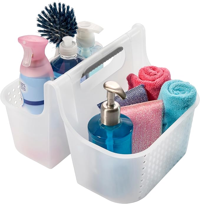 madesmart Large Portable Shower Caddy, Hold Soap, Shampoo, Hair Supplies and Beauty Products, Cleaning Supplies Organizer for Home, Dorm, Plastic Shower Tote, Soft Handle, Frost
