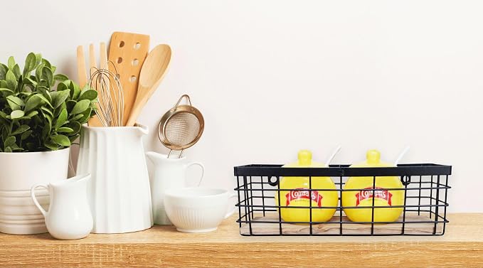 ShabbyDecor Farmhouse Metal Wire Basket with Detachable Wood Base,Small | Bathroom Counter Storage Organizer for Makeup, Perfume & Skincare