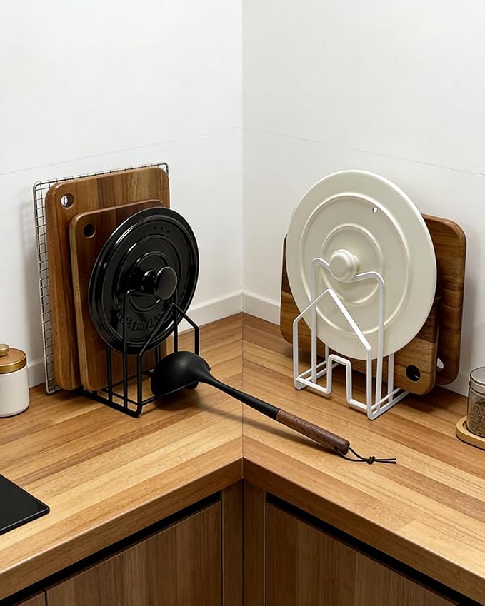 SUNFICON Cutting Board Rack Chopping Board Organizer Pot Pan Lids Holder Thin Bakeware Baking Tray Drying Display Stand Kitchen Countertop Cupboards Cabinet Office Sturdy Metal 4.92x5.7x8.47 in.White