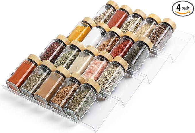 Spice Drawer Organizer 4 Tier, Acrylic Seasoning Organizer Rack, Large | Clear Spice Rack Tray, Kitchen Seasoning Jars Drawers Insert (Jars Not Included/ Expandable From 13" to 26")