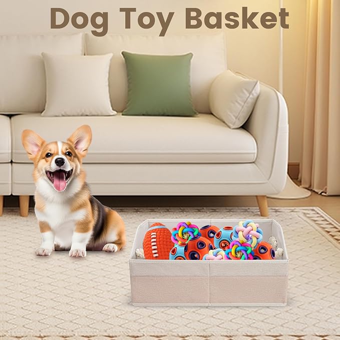 Large Dog Toy Basket with Handle, Foldable Dog Toy Box for Living Room Area , 20" Basket for Dog's Supplies, Organizer and Storage with Hard Board, Anti-Slip for Pet Toys (Beige, Medium 20"×15")