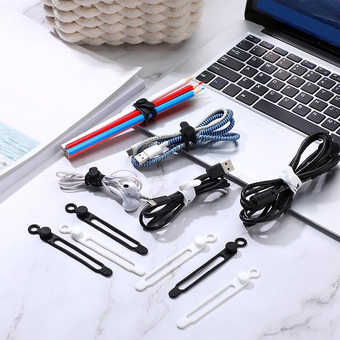 Nuanchu 40 Pcs Silicone Cable Ties Reusable Holder Adjustable Straps Multipurpose Charging Cable Organizer for Fastening Charging Cords Wires(4.17 Inch,Black, White)