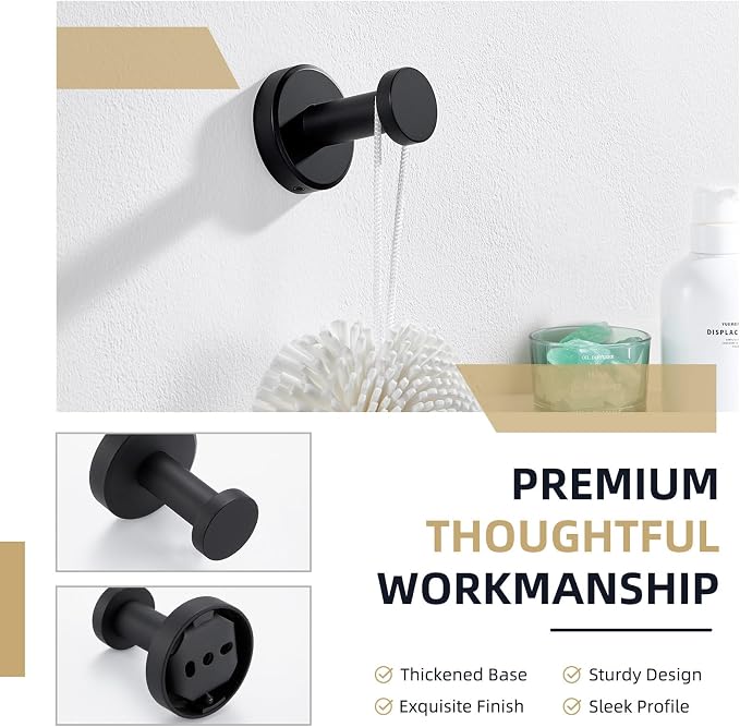 Angle Simple Towel Hook Matte Black, SUS304 Stainless Steel Bathroom Hand Towel Holder, Compact Round Robe Hook Wall Mount