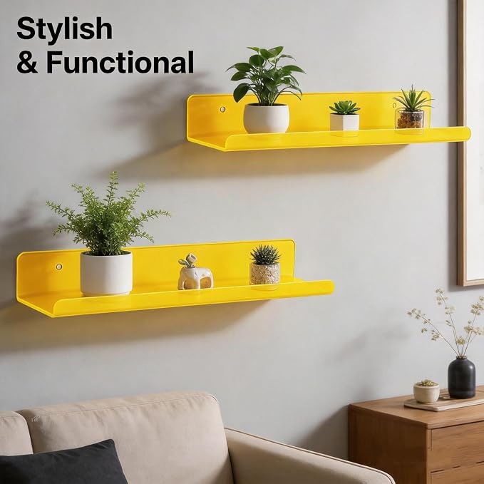 ROYALITA 2-Pack Acrylic Shelves Wall Mounted, 17 Inch Display Shelves | for Small Items Plants Organize Wall Shelves for Gaming Room, Bedroom, Living Room, Office, Yellow