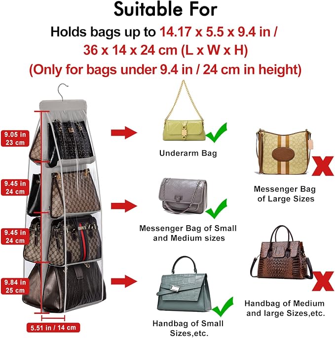 Lirex 2-Pack Handbag Hanging Purse Organizer for Closet, 8 Pocket Handbag Storage Organizer Hanger Oxford Cloth Closet Organizer for Family Closet Bedroom, Foldable and Universal Fit, Dark Brown