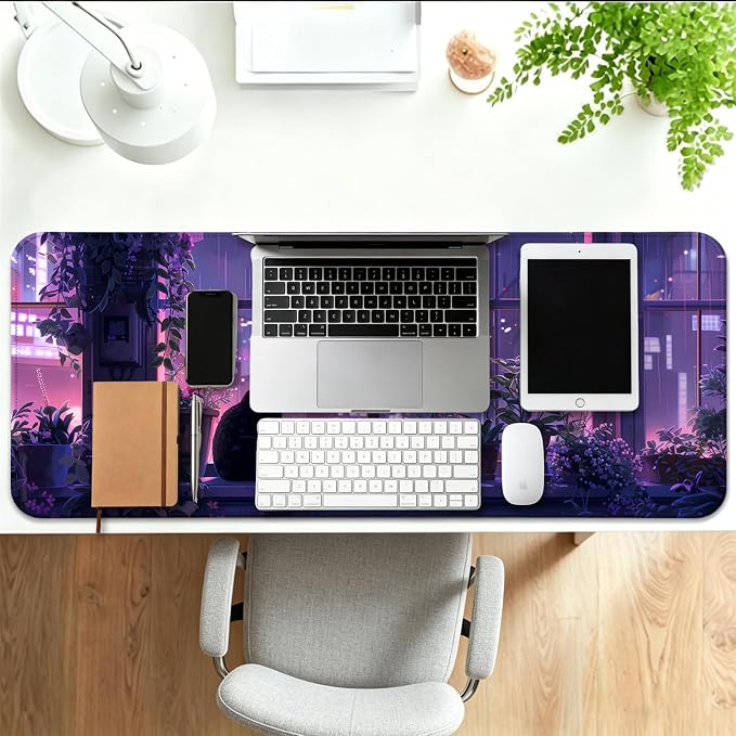Japanese Anime Cute Cat and Plant Gaming Desk Mat, Computer Keyboard Large Extended Kawaii Animal Mouse Pad for Office and Home, 31.5×11.8 Inches, XL, Purple