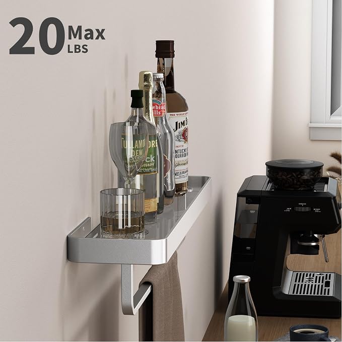 Danpoo 20 Inch Long Floating Bathroom Shelf with Towel Bar, Clear Tempered Glass Wall Shelf for Bathroom Storage Organizer, Matte Silver
