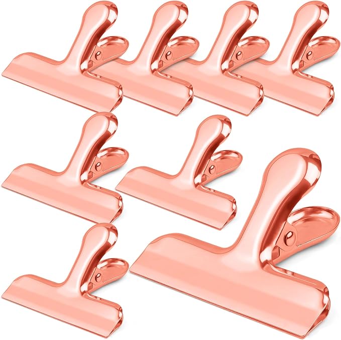 Funfery 8 Pack 3 Inch Stainless Steel Rose Gold Chip Bag Large Clips for Food Packages,Food Kitchen Clips for Snack,Home&Office Clip for Paper,Strong Metal Chip Snack Clip (Rose Gold, 8 Pack)