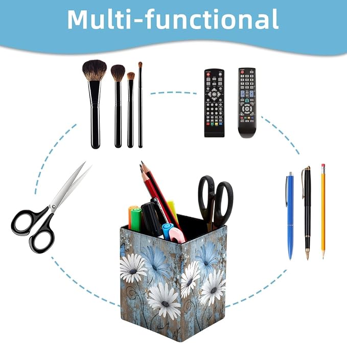Pen Holder for Desk, Rustic Blue Daisy Pencil Holder, Pen Cup Functional Desk Organizer for Office Supplies