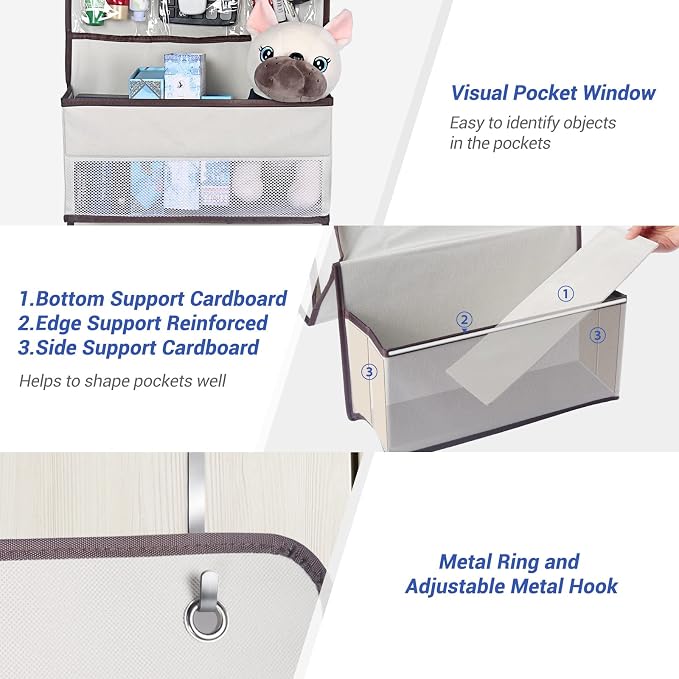 NesTidy 2 Pack Over The Door Organizer Storage, Wall Mount Hanging Organizer with 4 Large Capacity Pocket Organizers and 3 Small Pockets for Baby Essentials, Toys, Cosmetics, and Sundries (Beige)