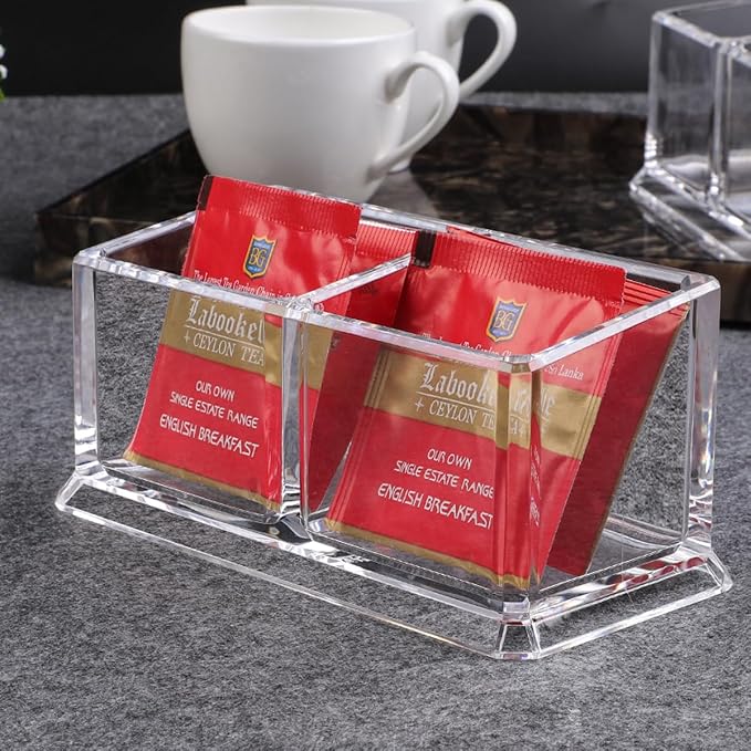 Acrylic Tea Bags Holder Coffee Sugar Bag Case Guest Room Storage Boxes - Holder for Tea Bags, Small Packets, Sweeteners,Sugar Packet, Coffee, Condiment (L16.6*W8.2*H7.5cm)