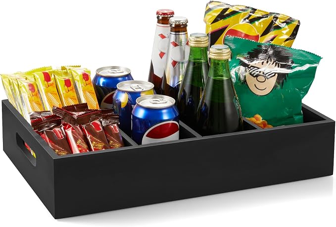 DRASTAR Pantry Organization and Storage Bins, Large Snack Organizer with Removable Dividers, Wooden Storage Caddy for Kitchen, Pantry, Cabinet, Countertop, Black