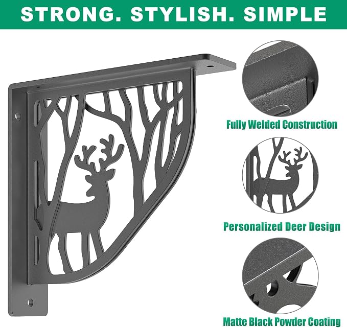 SELEWARE Black Heavy Duty Shelf Brackets, L 8" x H 8" x W 2" Wall Mount Decorative Shelving Brackets, 1/5" Thick Metal L Brackets with Mounting Hardware for DIY Floating Shelf (Sika Deer, 2 Pack)