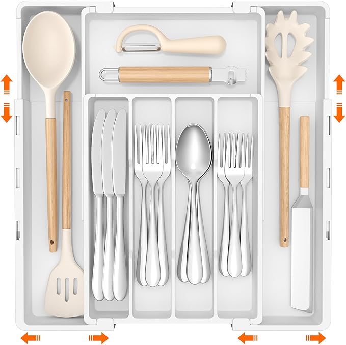 Lifewit Silverware Drawer Organizer, Expandable Utensil Tray for Kitchen, BPA Free Flatware and Cutlery Holder, Adjustable Plastic Storage for Spoons Forks Knives, 4-7 Slots, White