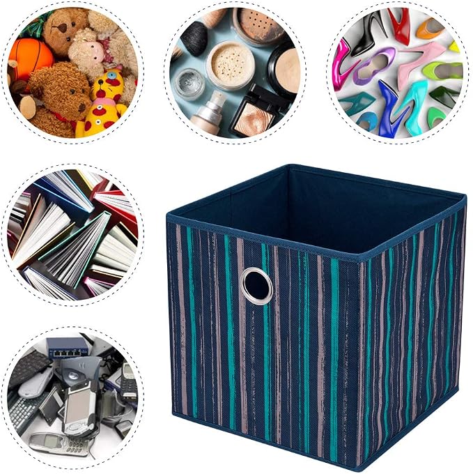 Fabric Storage Cubes Bins Blue Teal Printed Vertical Stripe Cubicle Bins 11x11x11 In Foldable Storage Cube Boxes Storage Baskets Inserts Cube Drawer for Organizers Storage QY-SC17-6