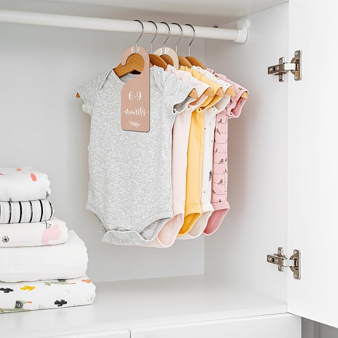 Whaline 7 Pcs Boho Wooden Baby Closet Size Dividers with Pink Velvet Bag Newborn to 24 Month Thicken Infant Wardrobe Hanger Organizers for Home Nursery Party Gift Supplies
