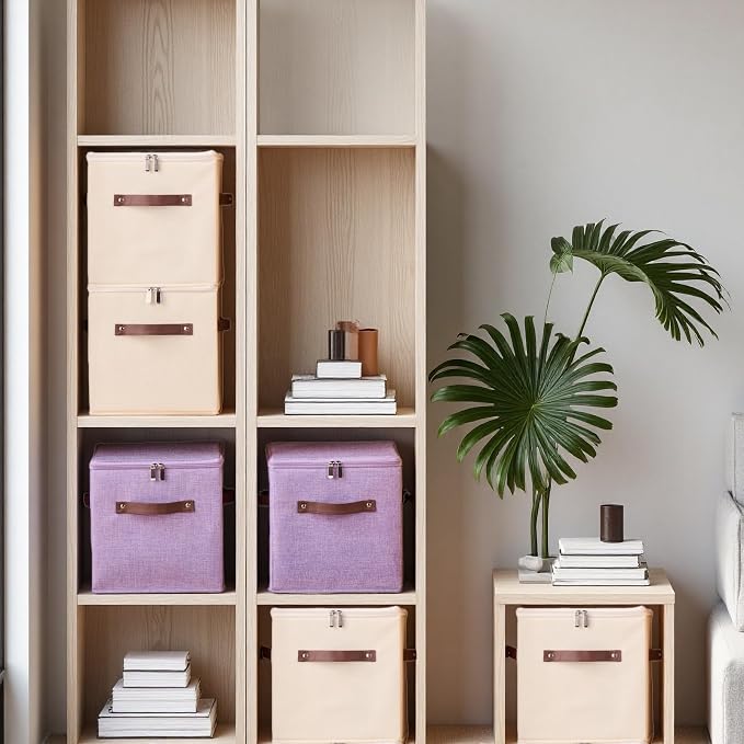 4PCS Storage Cubes with Lid Fabric Storage Bins Boxes PU Leather Handles Cotton Linen Closet Organizer Container Decorative Foldable Washable Shelf Cloth Basket (Zipper Lid, Purple, 11in)
