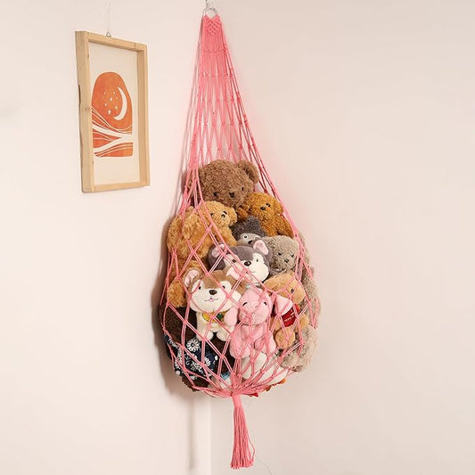 Amdermi Stuffed Animal Net or Hammock Corner Hanging Net for Stuffy Animal Storage Macrame Toy Display Plush Toy Holder Wall Pet Net for Nursery Kid Bedroom Decor Playroom Organizer (Pink)