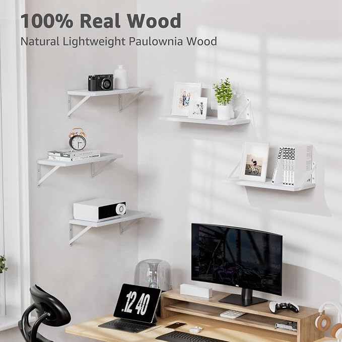 COCOYA Wall Shelves 7.3" Deep Solid Paulownia Wood (White, Set of 2) | 15mm Thick, Wider & Longer & Stronger, Easy to Install, For Laundry Room Bathroom Bedroom, Office Storage Organizer