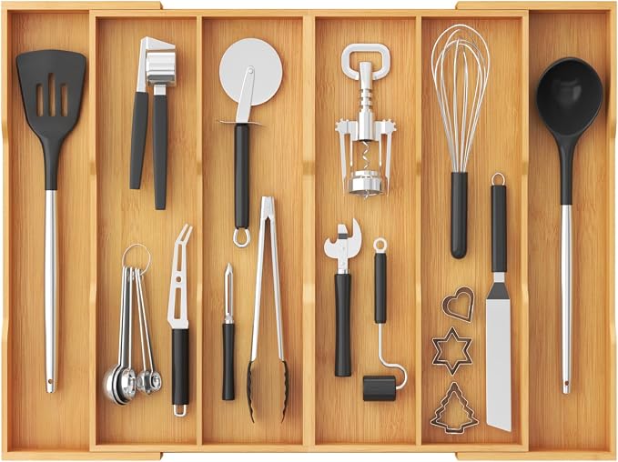 Lifewit Utensil Drawer Organizer, Expandable Kitchen Tool Tray, Wood Adjustable Flatware and Spatula Storage Divider, 17.8-28.3 x 17 x1.8
