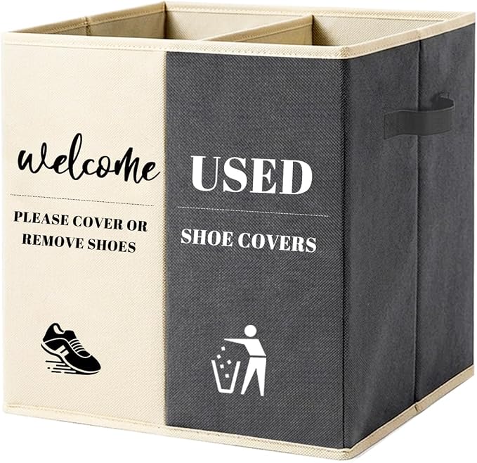 Shoe Cover Box with Door Hanging Sign – Foldable Double Compartment Storage Bin, Freestanding Dispenser Organizer for Home, Office, Entryway (Beige Gray)