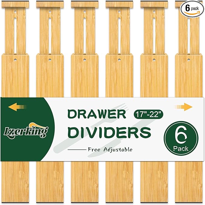 Lzerking Kitchen Drawer Dividers 6 Pack Bamboo Drawer | 17-22" Adjustable, Spring Loaded, Expandable Utensil Organizer, Works in Kitchen, Dresser, Closet, Bathroom, Bedroom
