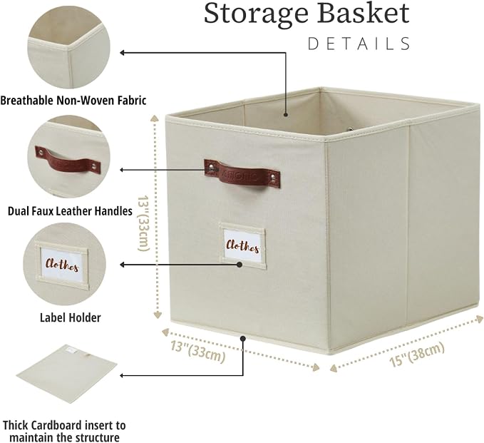 DECOMOMO Storage Bins, Storage Baskets for Shelves | 13" x 15" x 13" Storage Cube Bins with Labels for Organizing Shelves (Kallax, 4pcs, Beige)