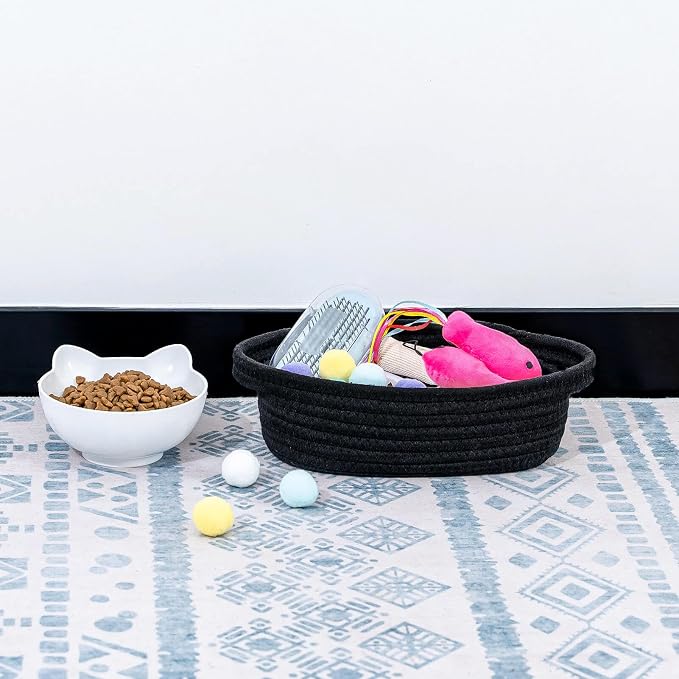 CubesLand Small Storage Basket Cotton Rope Organizer Baskets for Shelves | Set of 5 Decorative Closet Storage Bins with Handle for Countertop, Toilet Paper Basket for Toilet Tank Top, Black Basket