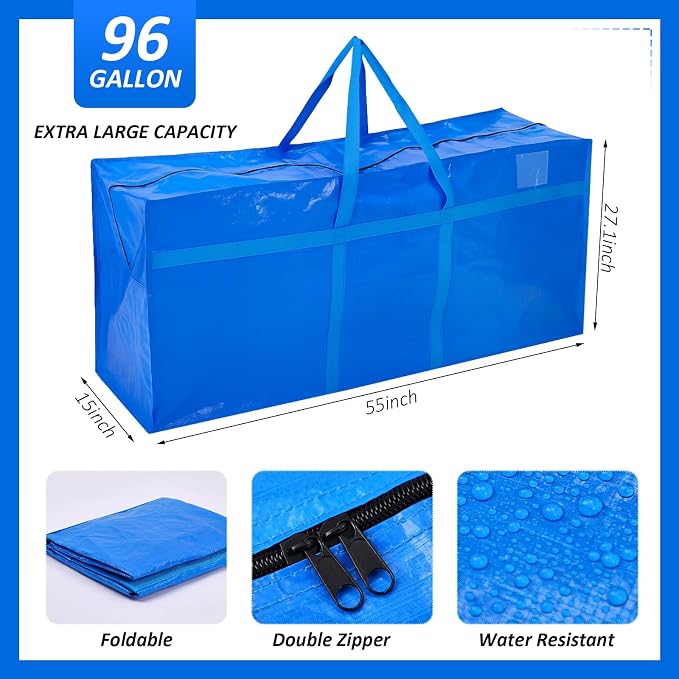 4 Pcs 96 Gallon Extra Large Moving Bags Heavy Duty Storage Bag with Strong Zipper Handle Foldable XXL Jumbo Storage Tote Packing Moving Box for College Dorm Travel Cloth Duffle (Blue)