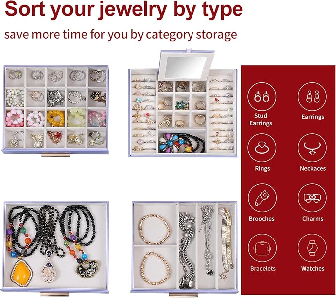 BOOVO Clear Lid Jewelry Box,3 Layers Jewelry Organizer Large Jewelry Storage Box with 2 Drawers,Jewelry Holder Organzier of Rings Earrings Necklace Bracelets for Women (Purple, 4 Layer)