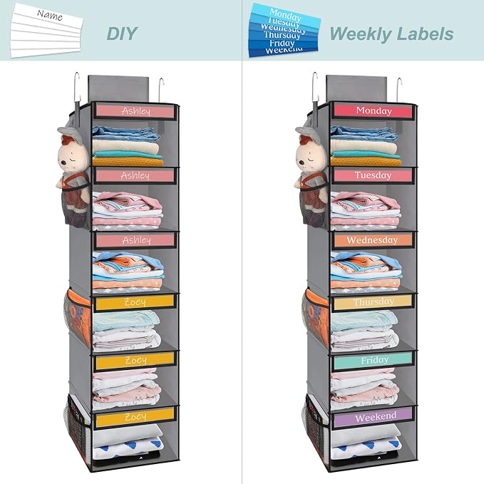 Fixwal Weekly Kids Clothes Organizer 6-Shelf Hanging Closet Storage Grey