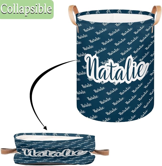 Personalized Laundry Basket, Custom Gift Laundry Hamper, Collapsible Nursery Waterproof Laundry Baskets, Dirty Clothes Toy Hamper with Handles Name Dark Blue