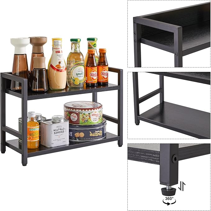 IBUYKE 2-Tier Spice Rack Industrial Counter Shelf Desktop Storage Organizer Standing Seasoning Rack for Countertop Kitchen Office Living Room Desktop Black UTLJ002B