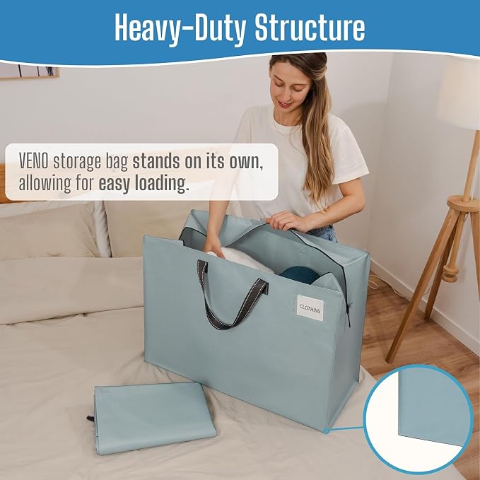 VENO 4 Pack Heavy Duty Moving Bags, Storage Bags, Packing Supplies, Top Zipper, Storage Totes for Camping, Clothes, Bedding, Comforters, Pillows (27 Gallon Light Blue, 4 Pack)