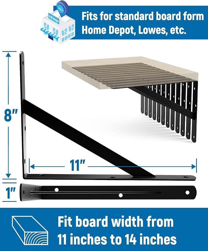 8-Pack 11 Inch Heavy Duty Shelf Brackets, Large Floating Wall Bracket for Garage Storage Shelves, Black Powder-Coated Finish, Load Capacity 800lbs