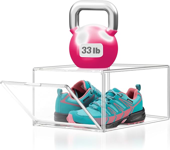 1 Pack Drop Front Acrylic Shoe Boxes with Magnetic Door Size 12, Clear Stackable Shoe Organizers Sneaker Display Cases for Closet, Entryway, Underbed, Multiple Display Cases for Caps, Figures