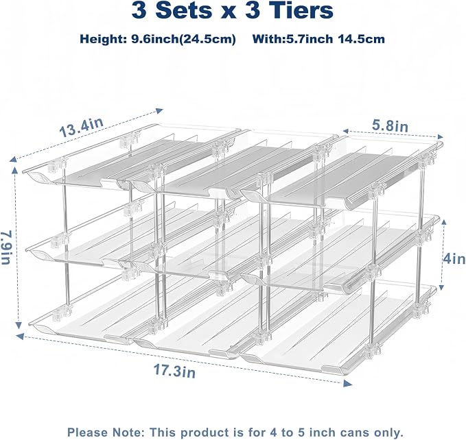 Dayacoco Can Organizer For Pantry,3 Sets 3 Tiers Pantry Organizers And Storage, Pantry Organizer for Fridge 36 Standard and Tall Cans Rack Automatic Rolling Stackable Canned Food Organizer, Clear