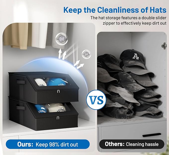 AOODA 2 PCS Sturdy Hat Storage for Baseball Caps, Holds up to 48 Caps Clear Hat Organizer for Closet, Bedroom, Wide Hat Box with Cardboard (Pure Black)
