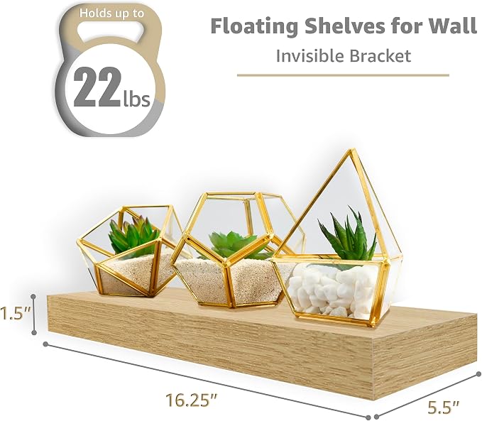 Sorbus Floating Shelves for Wall – 16 Inch Floating Shelf for Kitchen, Bedroom, Living Room, Bathroom, Home & Wall Decor - Mounted Bathroom Shelves with Invisible Brackets (Maple Wood, 3 Pack)