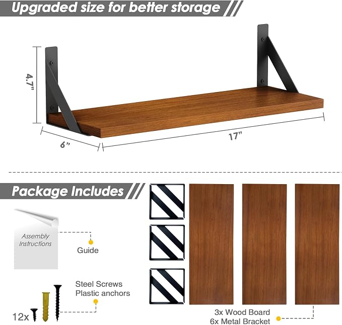 Forbena Walnut Brown Wall Bookshelf for Bedroom, Wooden Floating Book Shelves for Office, Small Wall Shelving Unit for Living Room Nursery Kitchen Bathroom Kids Room (Walnut Color)