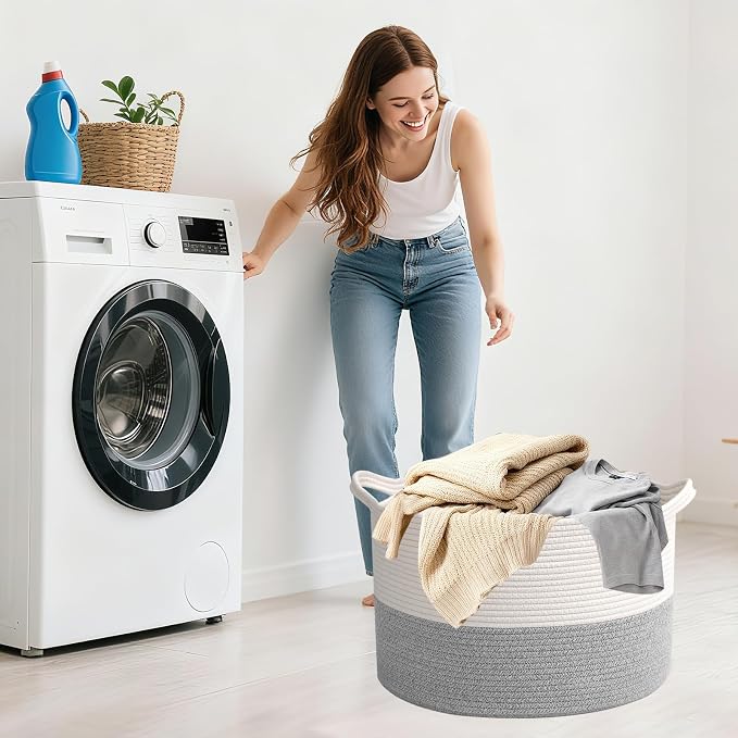 90L Extra Large Blanket Basket,Woven Rope Laundry Basket Hamper with Handles, Decorative Nursery Basket Storage Bin for Toys, Clothes Organizer, Living Room, Bedroom, Bathroom, White&Grey