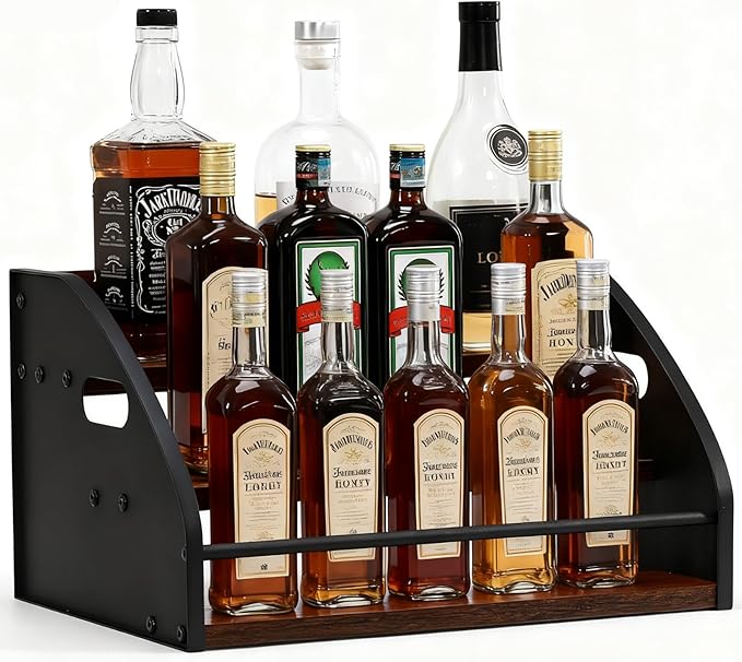 Liquor Bottle Display Shelf, Coffee Syrup Rack Organizer with Metal Hand, 3 Step Countertop Liquor Wine Rack, Mini Bar, Liquor Cabinet, Home Retro Bar Shelf Stand for Liquor Whiskey, Bourbon, Spirits
