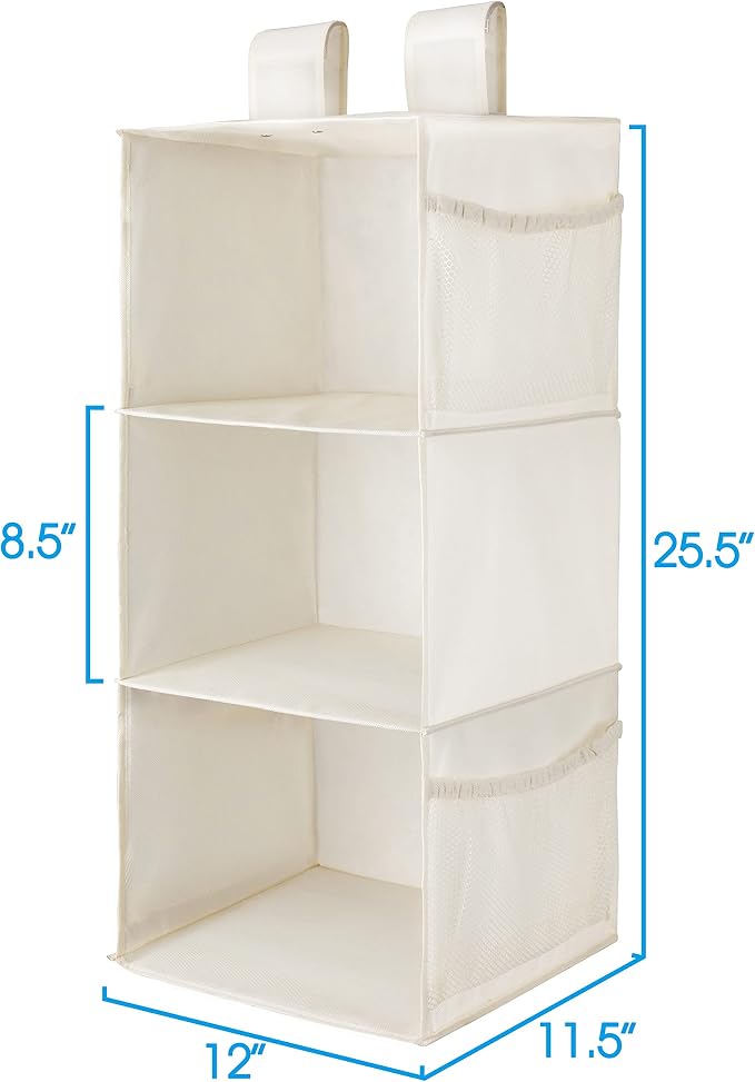 MAX Houser 3-Shelf Hanging Closet Organizer with 2 Velcro, Beige | Hanging Sweater Organizer, Foldable Hanging Shelves for Closet